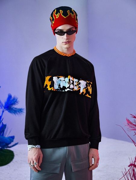 

men letter graphic raglan sleeve pullover b9kc#, Black