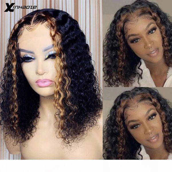 

deep part lace front wigs deep wave highlight short bob human hair wigs for black women brazilian short wet and wave bob, Black;brown