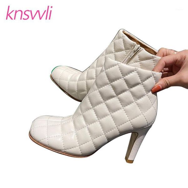 

designer ankle boot for women genuine leather rhombus plaid brand shoes woman square toe short boots high heels zapatos de mujer1, Black