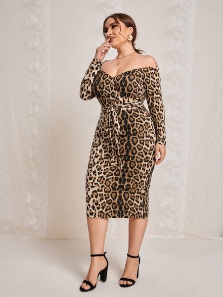 

plus leopard print off the shoulder belted bodycon dress v2ko#, Black