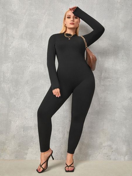 

plus mock neck unitard jumpsuit x8sh#, Black