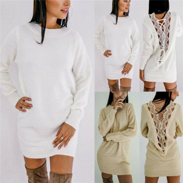 

zity women long sleeve winter fleece fluffy sweater dresses jumper office ladies warm solid pullover hollow out backless dress lj201203, White;black