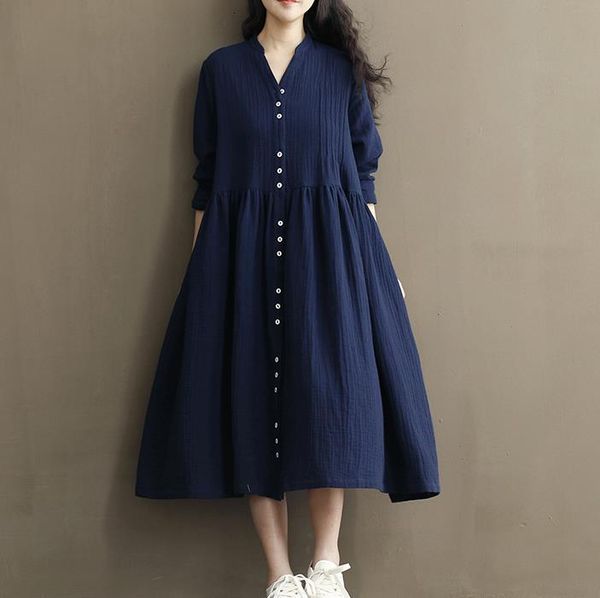 

2021 new plus size summer vestidos cotton linen blend fabric vintage robe femme casual long sleeve white women yde1, Black;gray