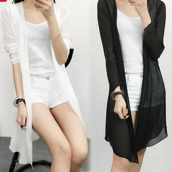 

klv women beach cover up sun protection cape cardigan chiffon blouse jacket coat female breathable soft chiffon blouse, White