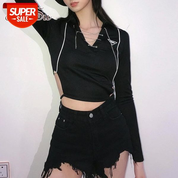 

artsu patchwork with chain gothic t-shirts black bandage hollow out long sleeve crop women turn down neck t-shirt ts52463 #vs47, White