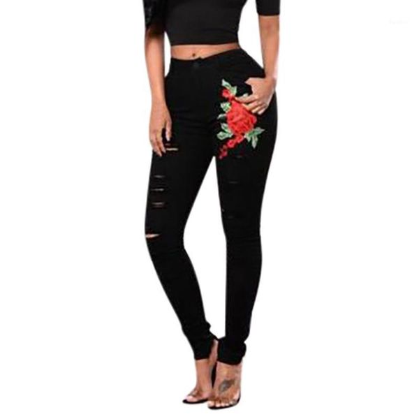 

fashion skinny black jeans women plus size embroidered pocket hole denim button zipper pants jean female jeans yl51, Blue