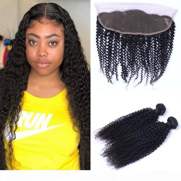 

malaysian kinky curly bundles with frontal 8-26 inch human hair weft 2 bundles with lace frontal, Black;brown
