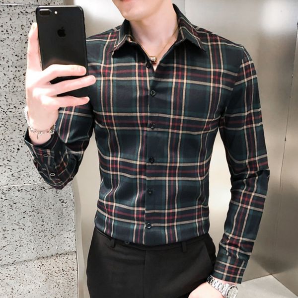 

2020 autumn printed casual man's long-sleeve korean fashion plaid thin shirt fit male social clothes 4irs, White;black