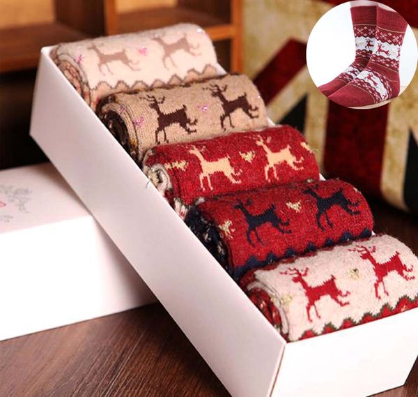 

1 / 5шт унисекс рождество теплых носков cute deer печати pattern хлопок шерсть теплого xmas new year party mid length носок для подарков сна, Pink;yellow