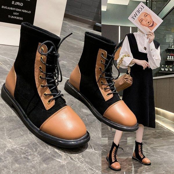 

women 2020 motorcycle boots autumn fashion patent pu round toe lace-up combat shoes women shoes ladies snow office boots 35-40, Black