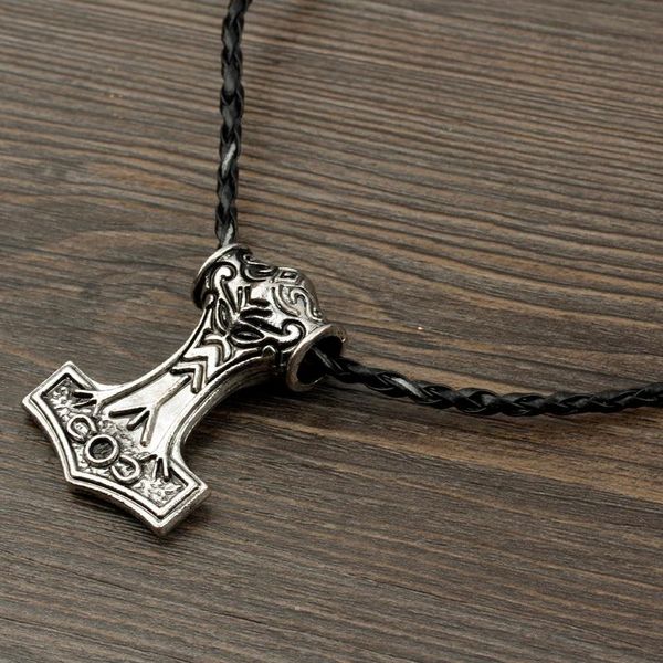 

pendant necklaces dropshiping 1 pc neo-gothic norse anchor necklace mjolnir viking amulet hammer choker with pu leather chain, Silver