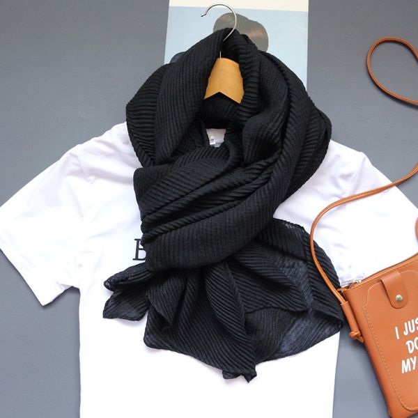 

spring and autumn new korean pure color crumpled cotton linen for women thin versatile pleated silk scarf winter warm long shawl, Blue;gray