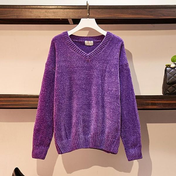 

chic vintage chenille cashmere women full sleeve gold velvet sweaters winter ladies solid color v-neck loose female jumpers 2021, White;black