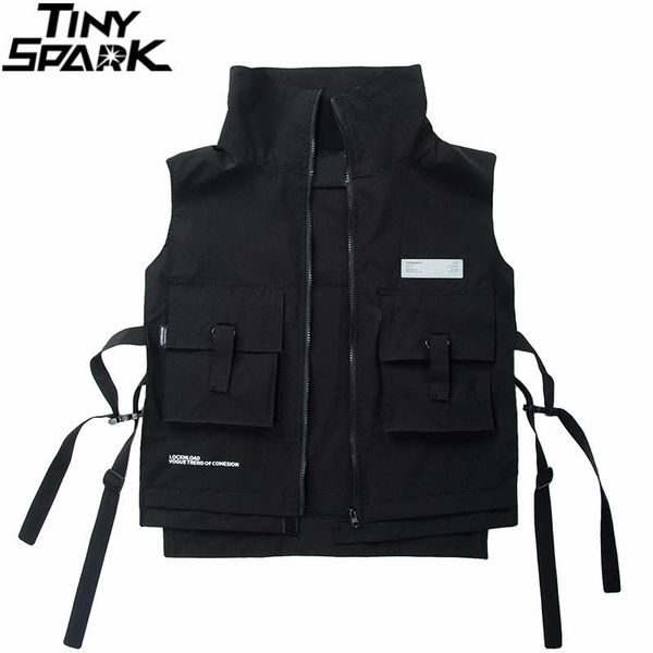 

men's vests 2021 men hip hop combat vest cargo jacket streetwear harajuku buckle ribbon tactical bomber waistcoat utility adjustable, Black;white
