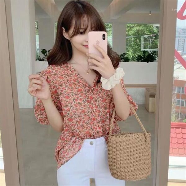 

floral print v neck shirt new summer femme vintage women blouses short sleeve chiffon girls blouse women blusas bc1961, White