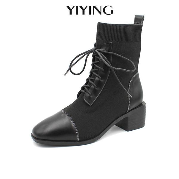 

2020 new patchwork ankle boots woman winter warm plus velvet lace-up flying woven stretch shoes style mid-heel short boots, Black