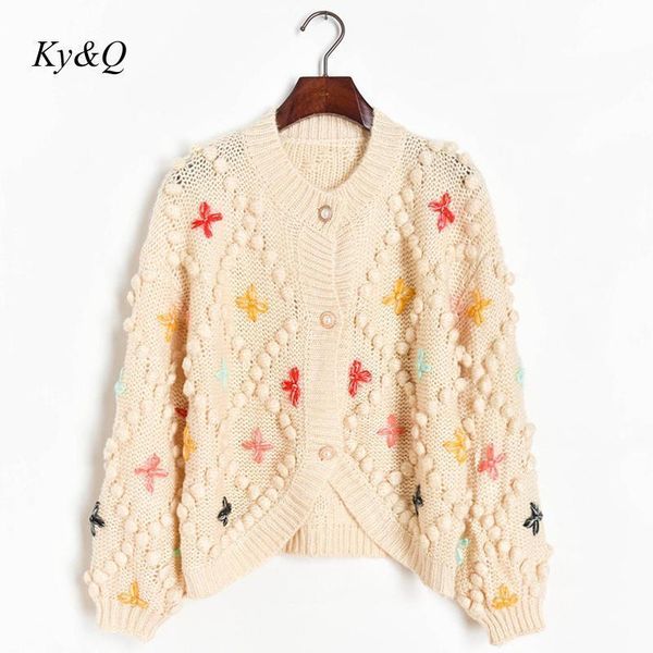 

women's knits & tees sophisticated style single-breasted o neck hollow out coarse yarn 2021 autumn winter elegant lantern sleeve sweate, White