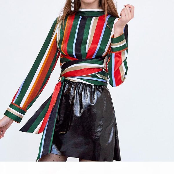 

shejoinsheenjoy autumn women and blouses fashion back zipper colorful striped blouse shirt with bow tie belt blusas, White