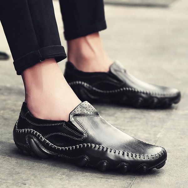 

men casual shoes genuine leather mens loafers outdoor moccasins hollow out handmade sewing breathable slip on shoes, Black