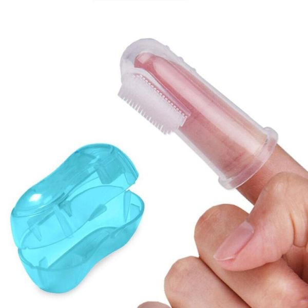 Simpatico spazzolino da dito per bambini con scatola Denti per bambini Massaggio trasparente Set di massaggiatori per spazzole per la pulizia di gomma infantile in silicone morbido J0011