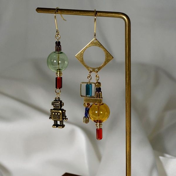 

original industrial robot long dangle earrings for women 2020 retro handmade glass ball drop asymmetric earrings, Silver