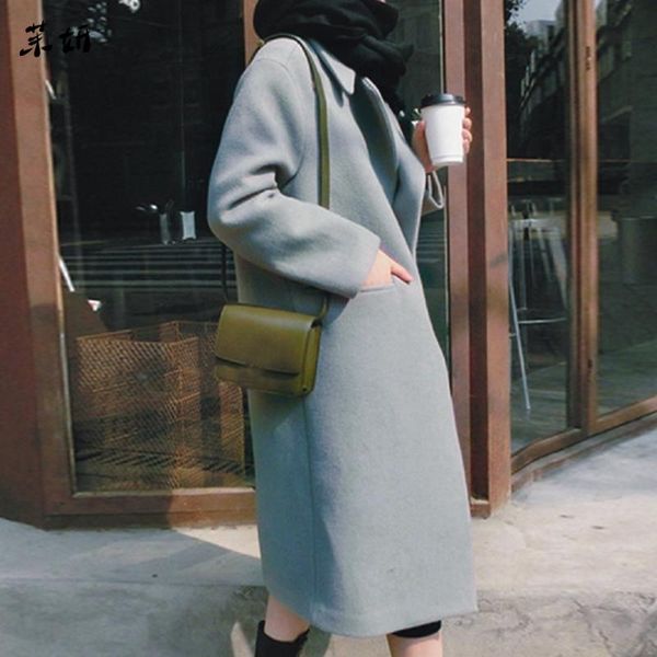 

женщины шерстяное пальто зима корейской версии тонкий длинные пальто полное рукава костюм воротник женщины outwear кардиган топы, Tan;black