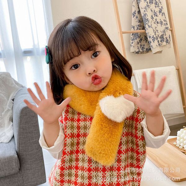 

girls boys children's new autumn and winter 2020 solid color cross neckband imitation rabbit plush cartoon love scarf, Red;brown