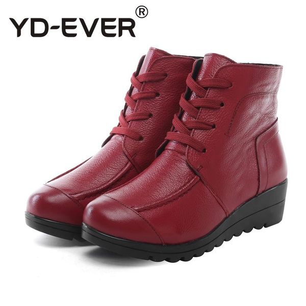 

yd-ever genuine leather rome women boots winter warm fur snow boots platform wedge shoes lace up plus size ankle, Black