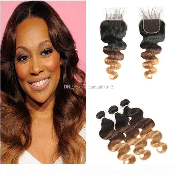 

1b 4 27 honey blonde ombre virgin brazilian human hair weaves with closure body wave 3tone ombre 4x4 lace closure with 3bundles, Black;brown