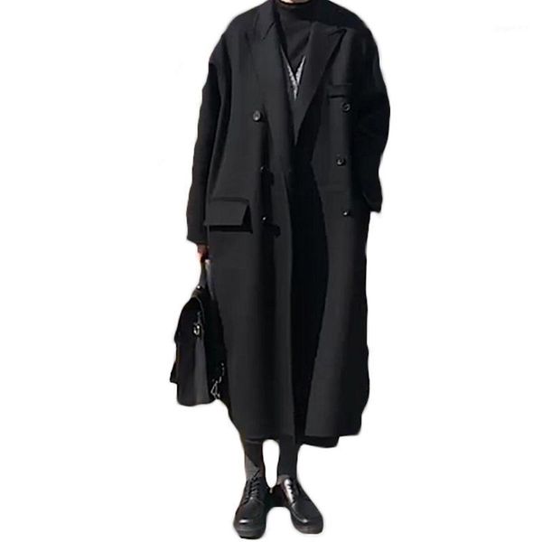 

2021 new autumn winter long over-the-knee woolen coat women double breasted black loose thin wool coat women jackets 53a1