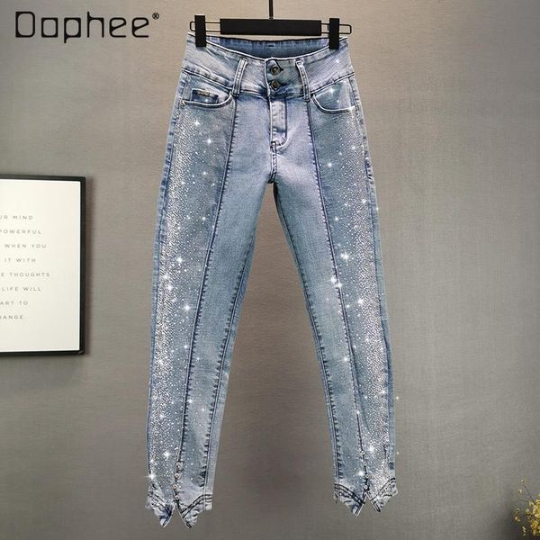 

2021 new spring women's cotton elastic rhinestone jeans ladies slim irregular bottoms ankle-length pencil pants streetwear, Blue