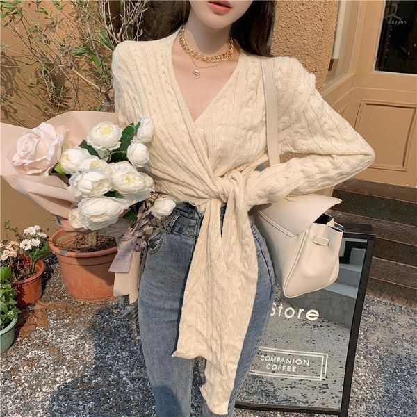 

women's vintage sweater long sleeve v neck knitted wrap front bandage sweaters cropped coat korean chic streetwear jumpers1, White
