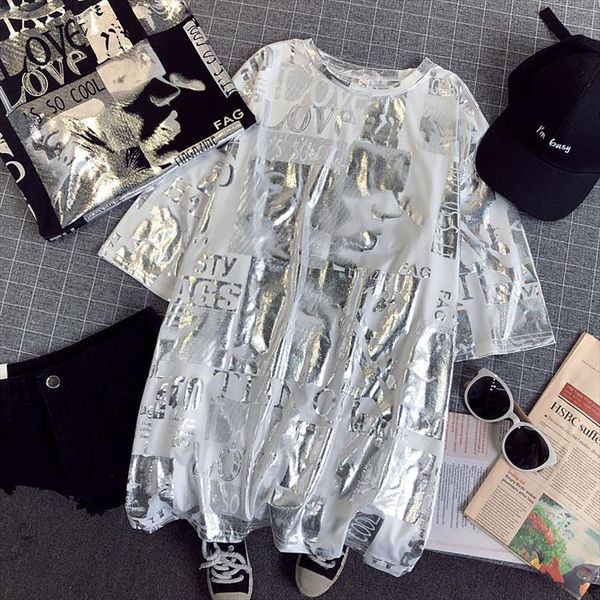 

t shirt women shiny letters silver print short sleeve o neck fashion oversized casual summer femme t shirt women cc302, White