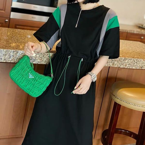 

designer new short-sleeve belt casual elastic temperament mid-length dress women wear spring and summer iih9, Black;gray