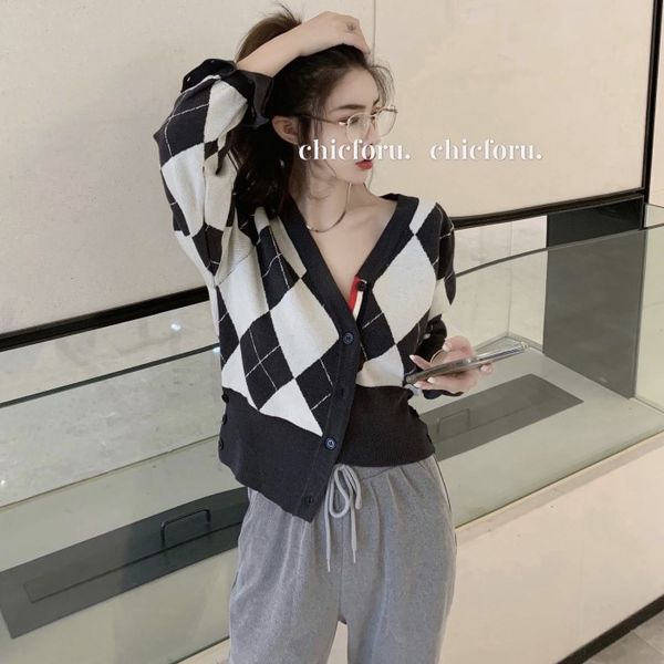 

autumn new single breasted v-neck long sleeve cardigan loose korean short rhombic knitwear outerwear for women