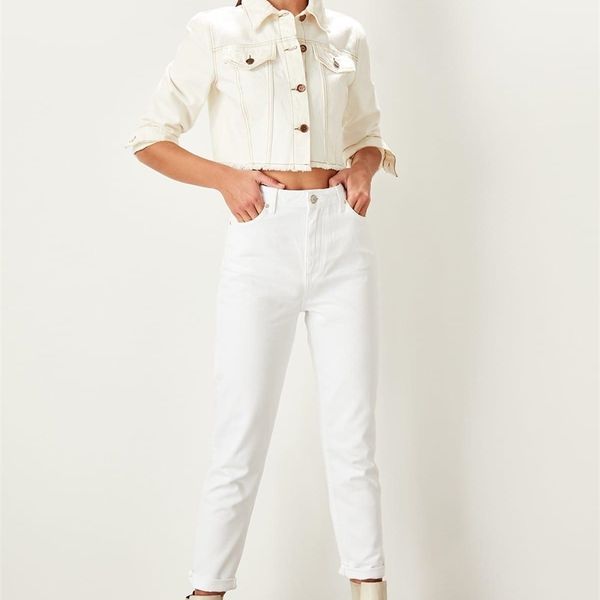 

trendyol white high waist mom jeans casual skinny denim pencil pants twoss19lr0246 t200103, Blue