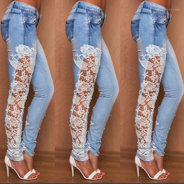 

women stretch lace floral side spliced denim trousers hollow out slim pencil pants women jeans femme pantalo1, Black;white