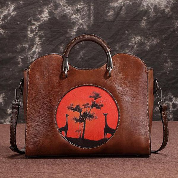 

women natural skin messenger genuine leather bags vintage floral embossing female handbag handle shoulder bag