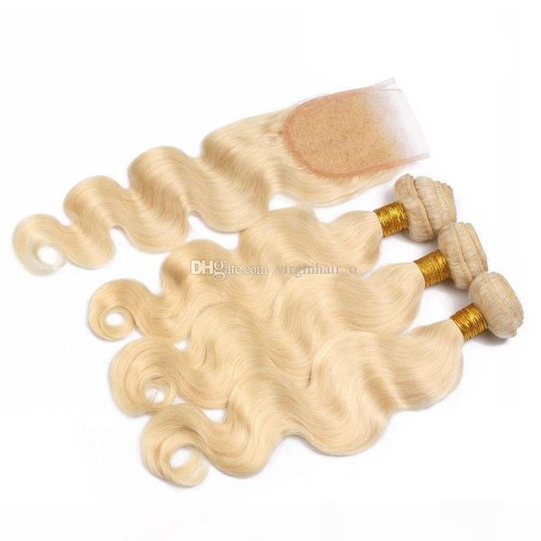 

9a 100% indian human hair extension weaving virgin remy hair #613 blonde color hair weave weft with 1pc lace closure 4pcs lot, Black