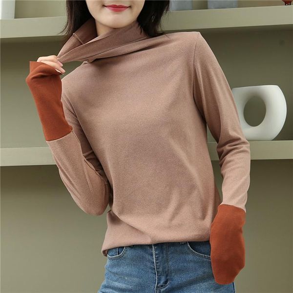

women's t-shirt casual patchwork autumn women t shirt fashion turtleneck pullovers basic loose long sleeves soft female, White