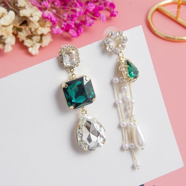 

2020 new exquisite multicolor geometric crystal drop earrings fashion temperament joker long tassels pearl women earrings1, Silver