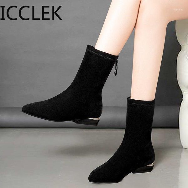 

sock boots ladies casual mid calf boots sequin cloth elastic force plus size 35-41 plush women winter snow shoes 20201, Black