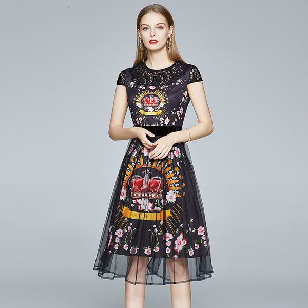 

2021 new merchall runway fashion elegant women summer hollow out lace patchwork vintage crown print short sleeve es dl65, Black;gray