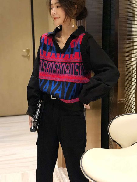 

knitted stitching printed sweater coat women's loose foreign style fake two-piece new in autumn 2020, Black