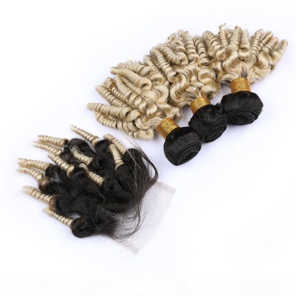 

#1b 613 blonde ombre aunty funmi malaysian human hair bundles with closure ombre blonde funmi curly 3pcs bundles with 4x4 front lace closure, Black;brown