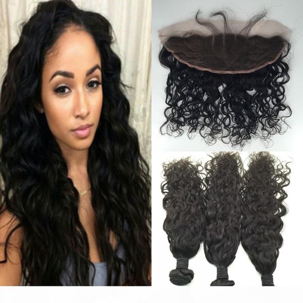 

13x4 lace frontal with bundles, brazilian water wave virgin hair bundles with frontal closure 3 bundles with frontal closure, Black