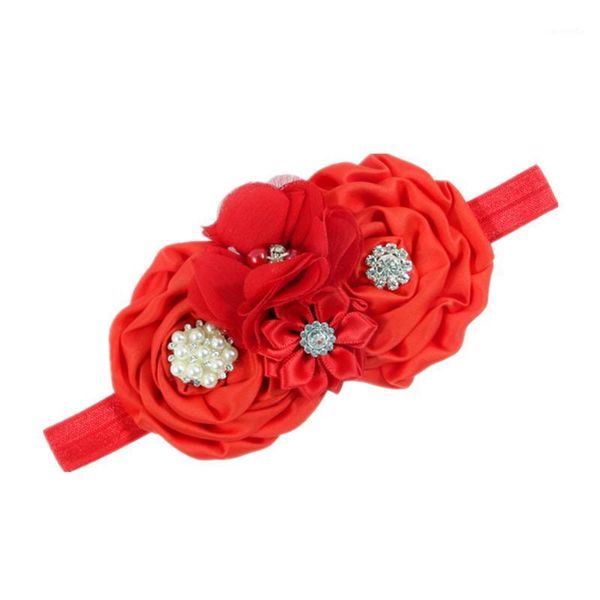 

new satin flower headbands for girls rhinestone pearl elastic hairband1, Slivery;white