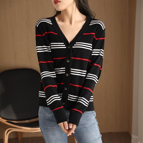 

9imfk sweatercotton кардигана женской верхней часть пальто top sweatercoat вязаная полоса v-образный вырез в рукав кардиган свитер aut на to, White;black