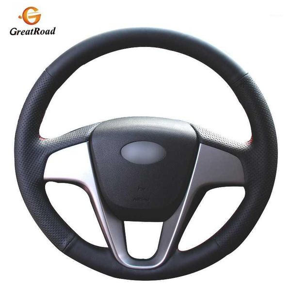 

black genuine leather car steering wheel cover for solaris (ru) 2010-2020 verna 2010-2020 i20 2009-2020 accent1