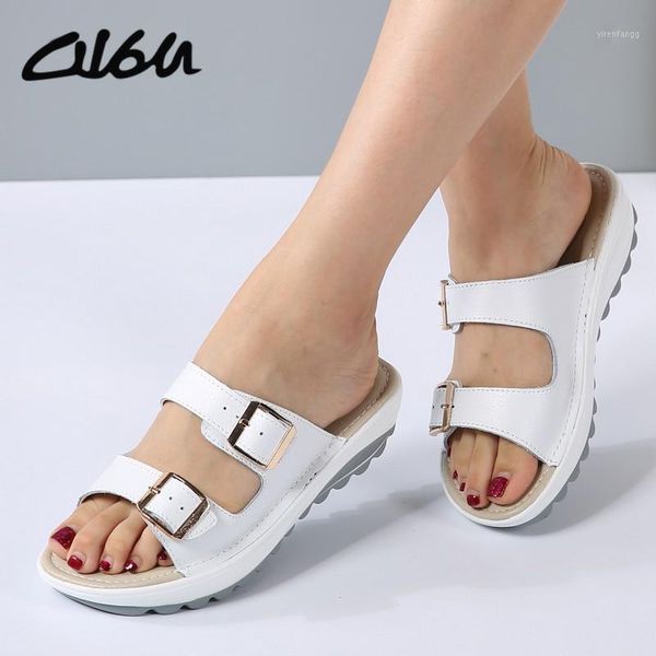 

o16u summer women sandals shoes platform leather buckle flats light soft ladies casual heel comfortable slides white black blue1